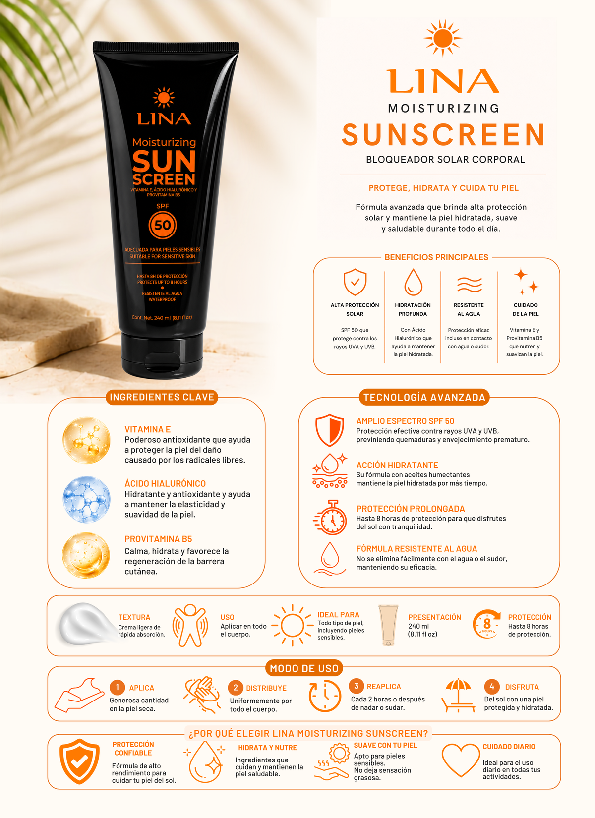 Protector Solar Lina Body 50 Fps 240 Ml con Acido Hialurónico