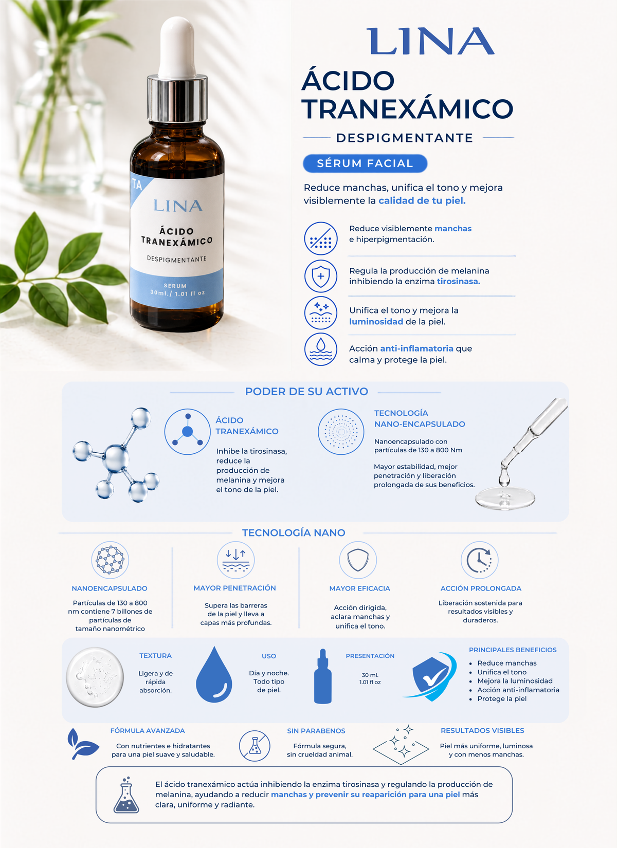 LINA Serum Ácido Tranexámico Despigmentante para Piel Luminosa y Hidratada 30ml Cuidado Facial Diario