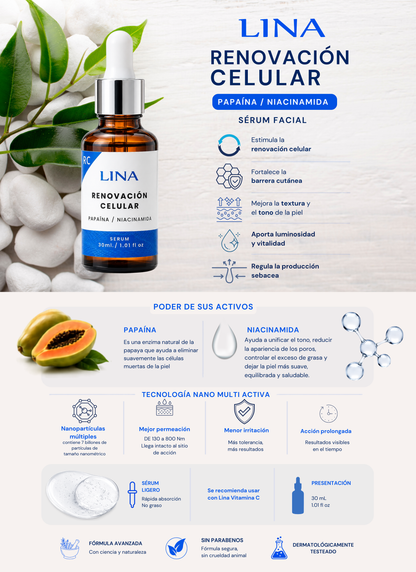 LINA Serum Renovación Celular con Papaína y Niacinamida para Piel Luminosa y Radiante 30ml